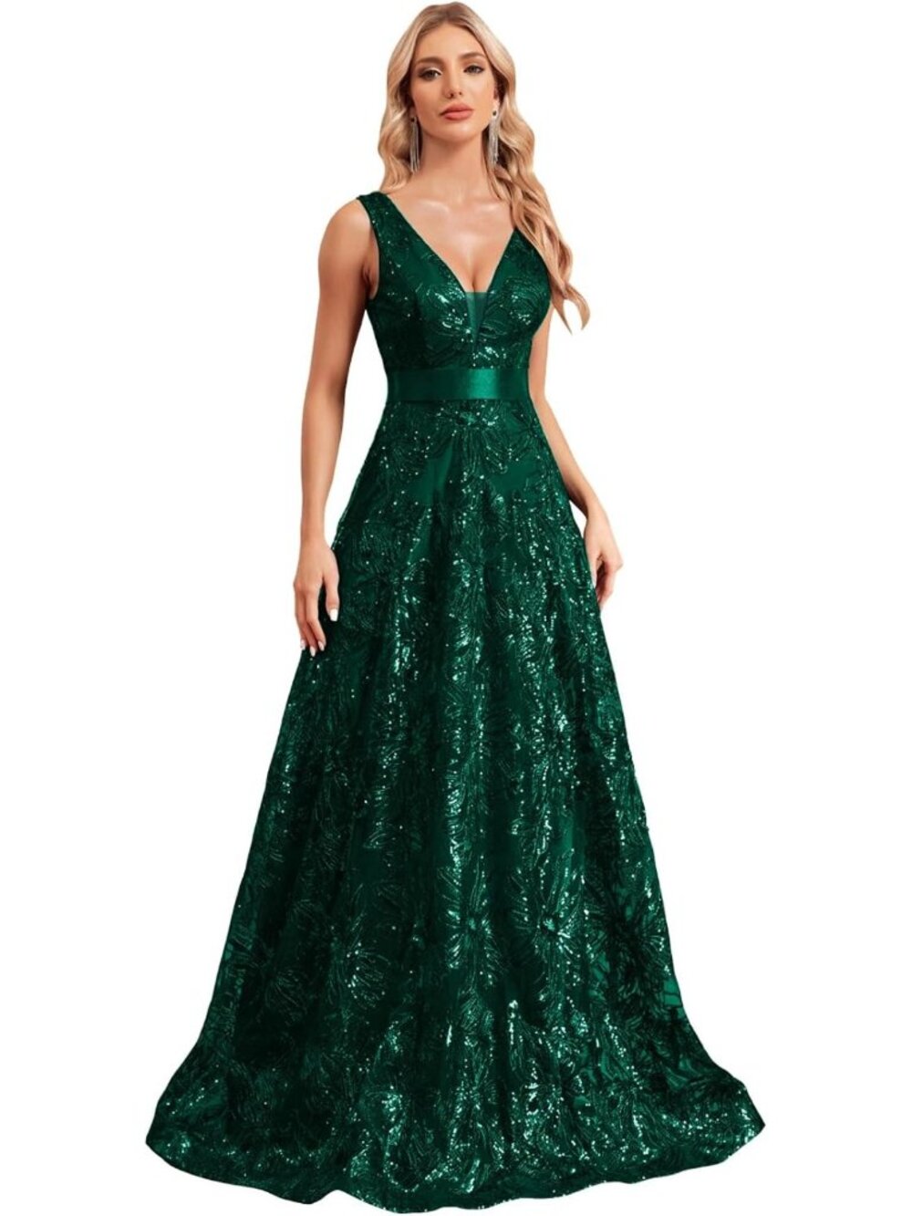 Emerald Green Sequin V Neck A Line Long Formal Evening Prom Gown Sz XXL